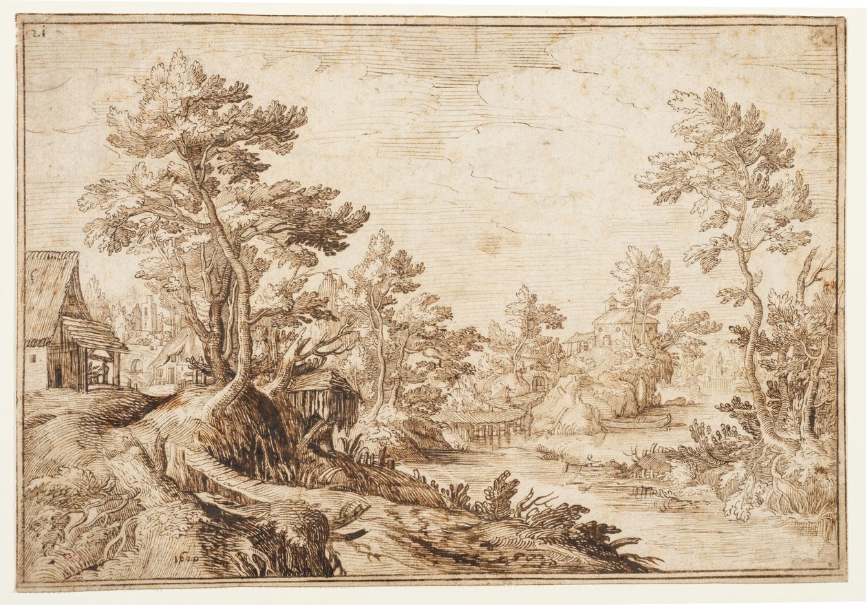 Landskab med flod og landsby, ca. 1501-1600 (sort kridt, pen og brunt blæk på lagenpapir) af Matthijs the younger (after) Bril