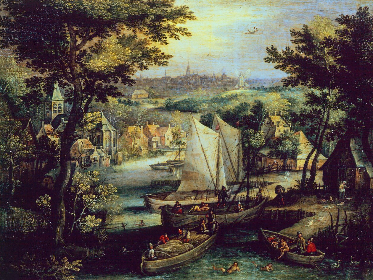 Flodlandskab, af Mathys Bril Younger (1550-1583), olie på kobber af Matthijs the younger Bril