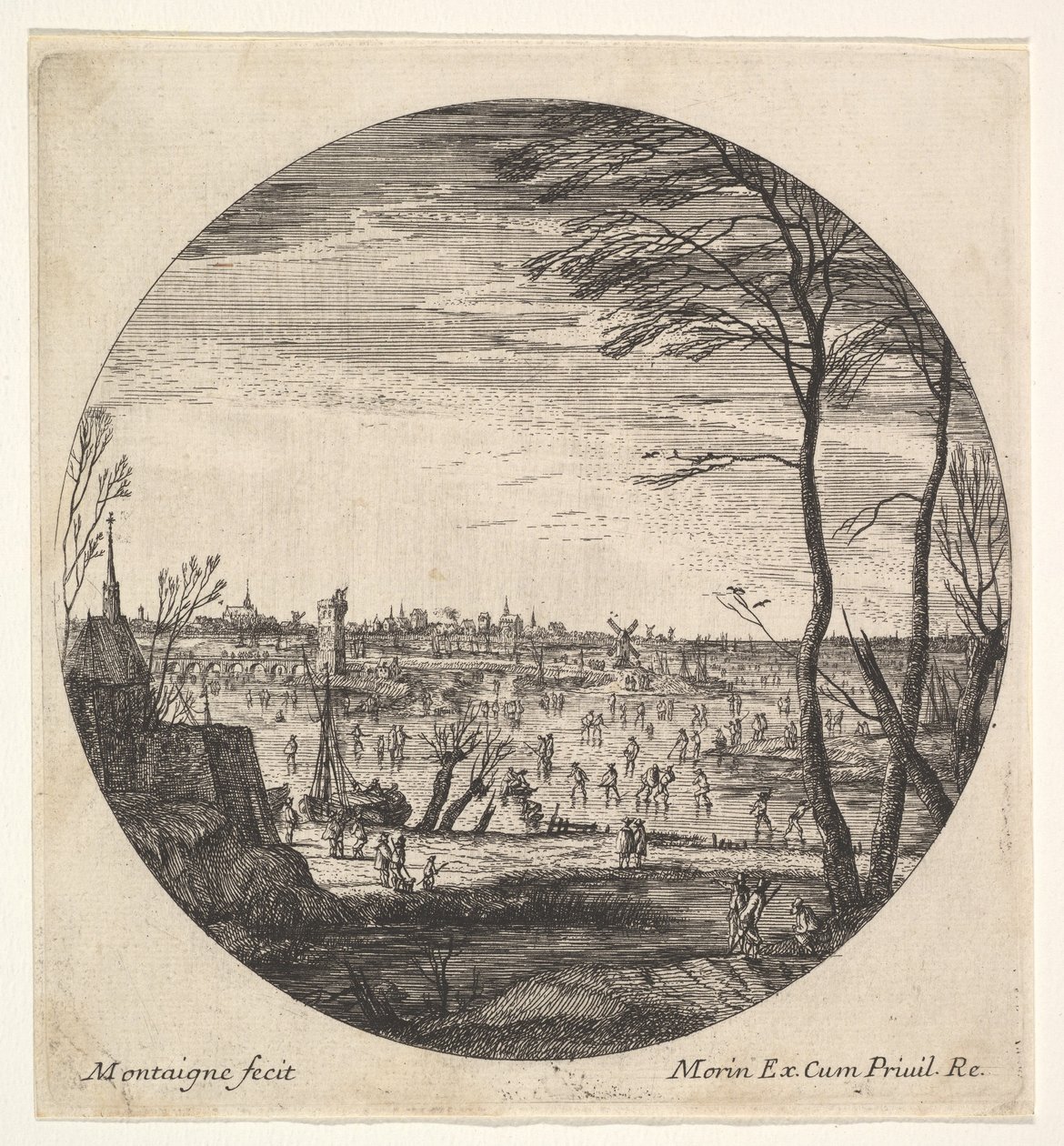Vinterlandskab med kunstskøjteløb på en frossen vandmasse i en rundelkomposit..., ca. 1625-60. af Matthijs van Plattenberg