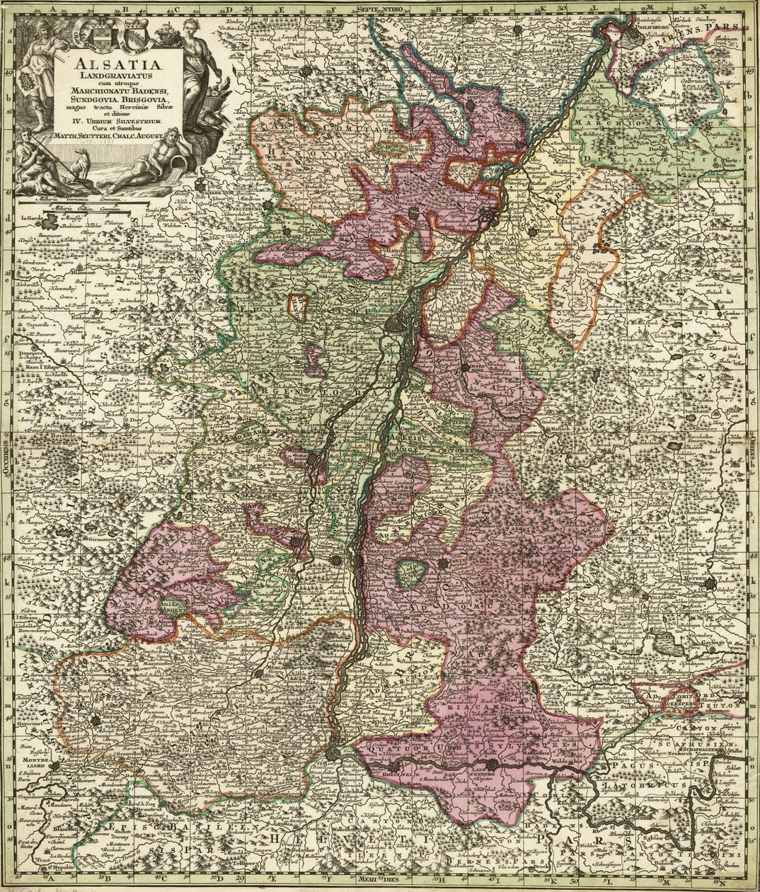Alsace, Baden, Sundgau og Breisgau kort af Georg Matthäus Seutter