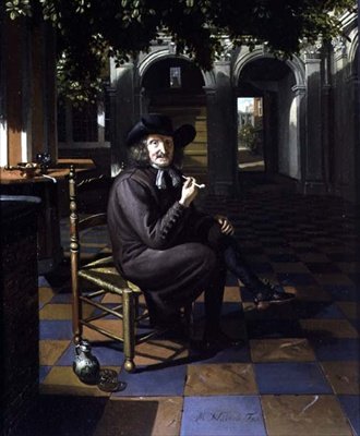 Gentleman ryger i en skyggefuld gårdhave, 1690 af Matthys Naiveu