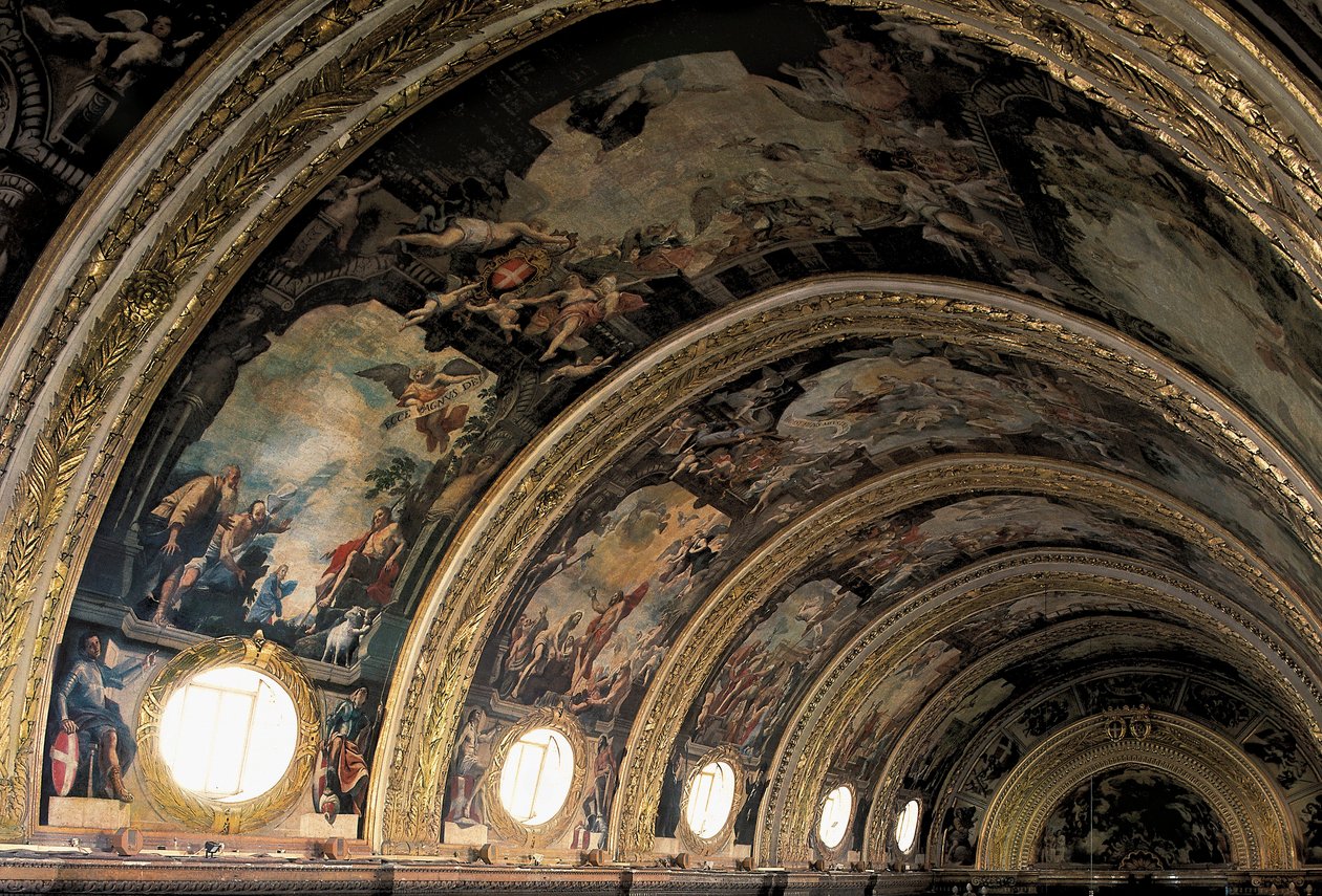 Fresko af hvælvingen i hovedskibet i Cathedrale Saint John i byen Valletta, Malta (fresko) af Mattia Preti