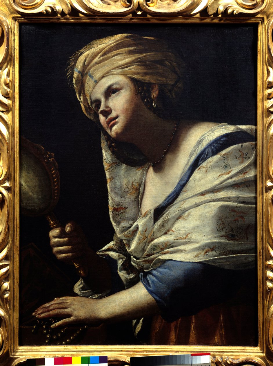 Vanite Woman with Turban and Mirror - Maleri af Mattia Preti (1613-1699) Firenze fra 1600-tallet, Uffizi-galleriet af Mattia Preti