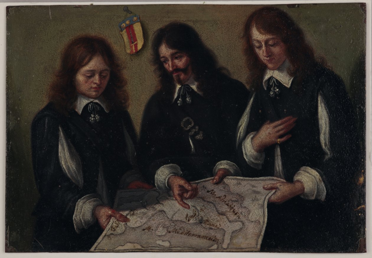 Portræt af dekan John Bargrave, hans nevø Alexander Chapman og vennen John Raymond, der konsulterer et kort over Italien. af Mattio Bolognini