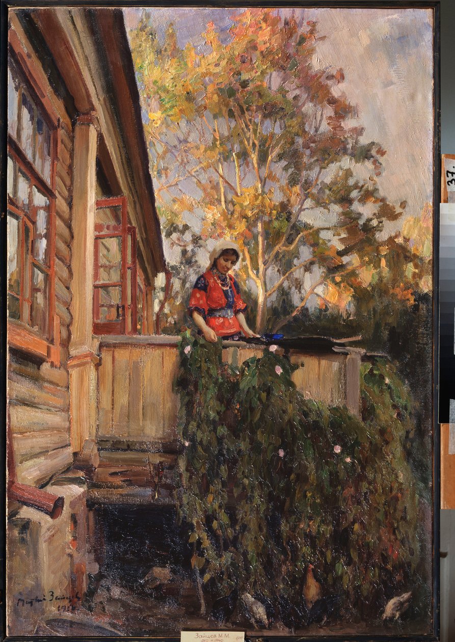 På balkonen - Maleri af Matvei Markovich Zaytsev (1880-1940), olie på lærred af Matvei Markovich Zaytsev