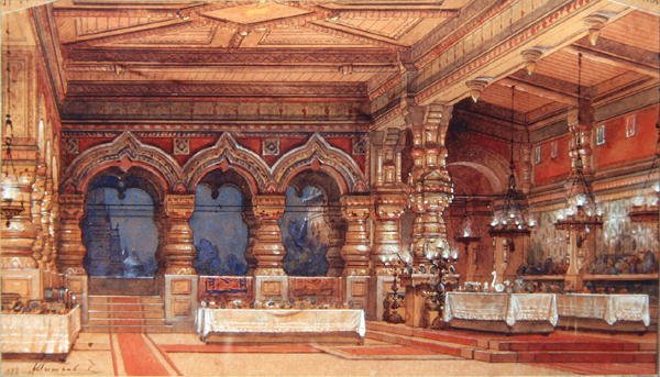 Scenedesign til The Water Nymph af Dargomyzhsky, 1888 (pen, pensel, gouache og guld på pap) af Matvey Andreyevich Shishkov