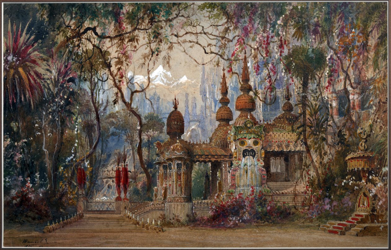 Scenedesign til operaen Ruslan og Lyudmila af M. Glinka par Shishkov, Matvei Andreyevich (1832-1897). Pen, pensel, akvarel, blæk og hvid farve på papir af Matvey Andreyevich Shishkov