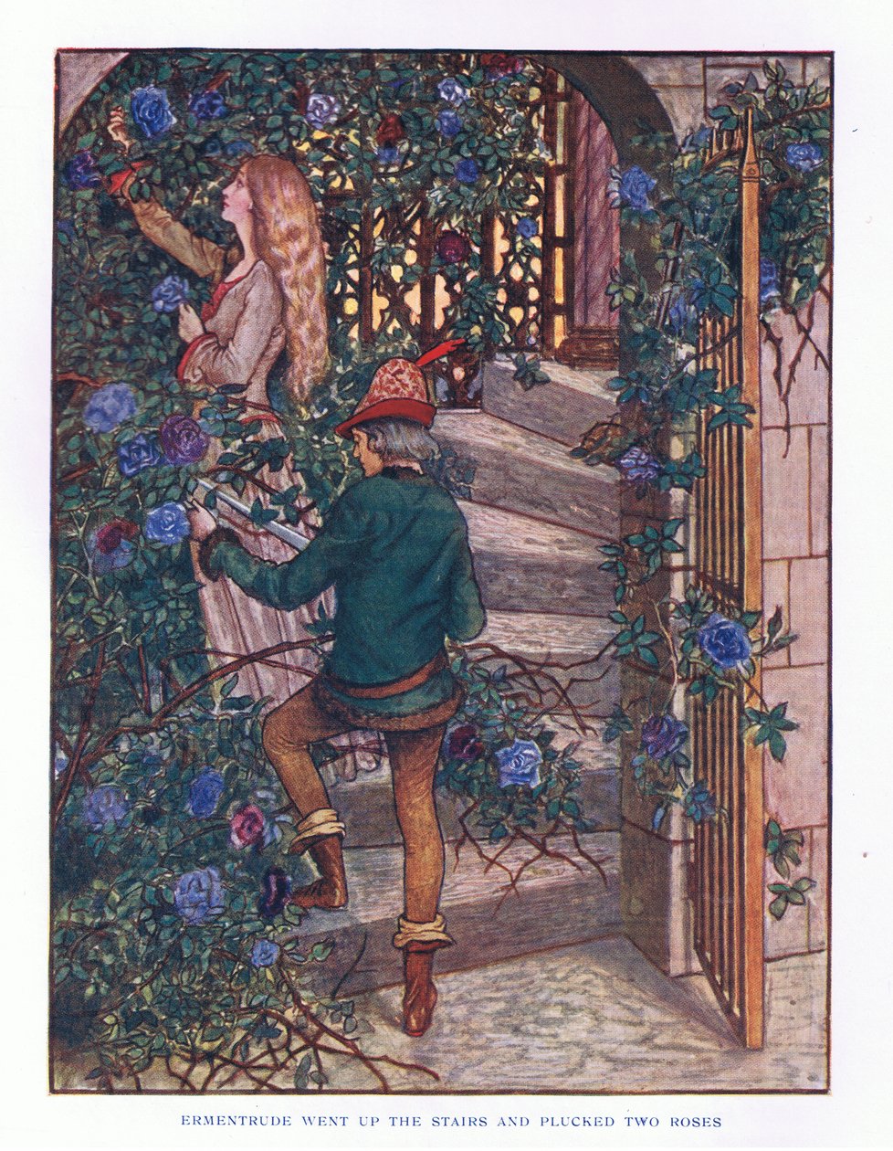 Ermentrude gik op ad trappen og plukkede roserne, illustration fra Lady And Fairy Tales, 1914 af Maud Tindal Atkinson
