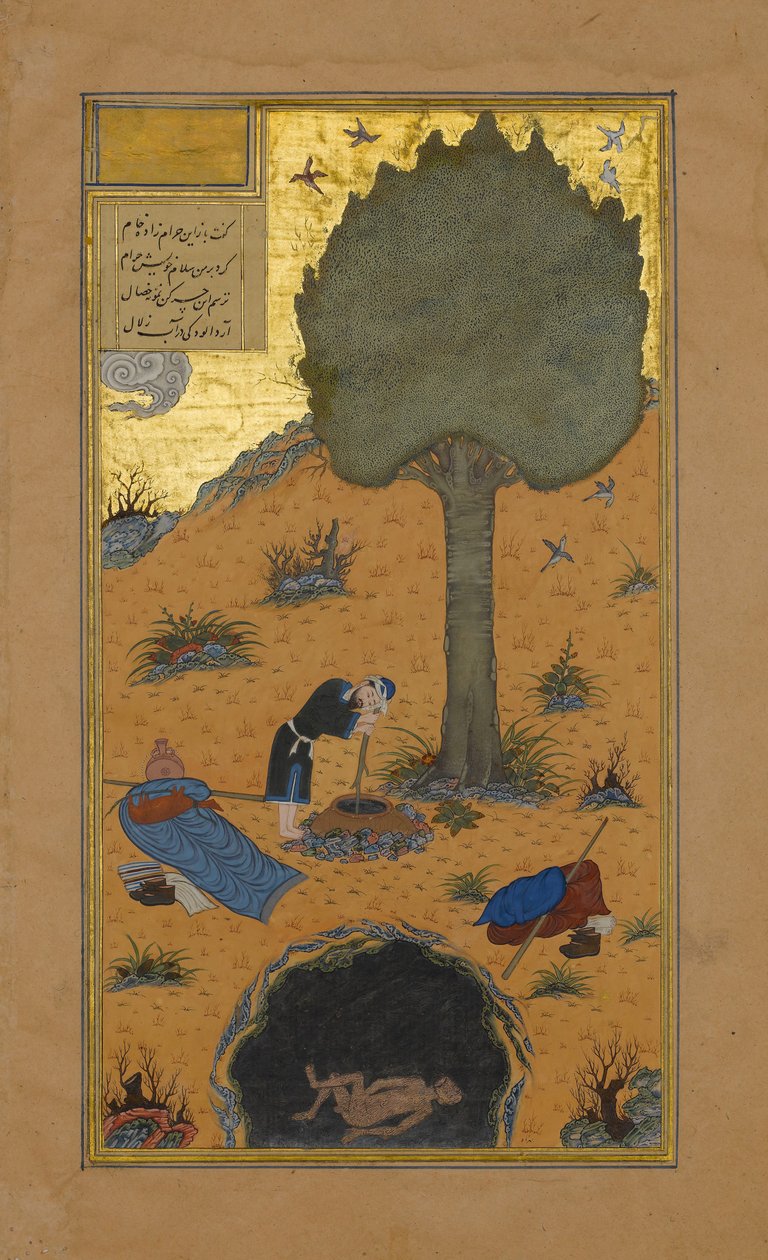 Hvordan en Braggart blev druknet i en Brønd, Folio 33v fra en Haft Paikar..., ca. 1430. af Maulana Azhar
