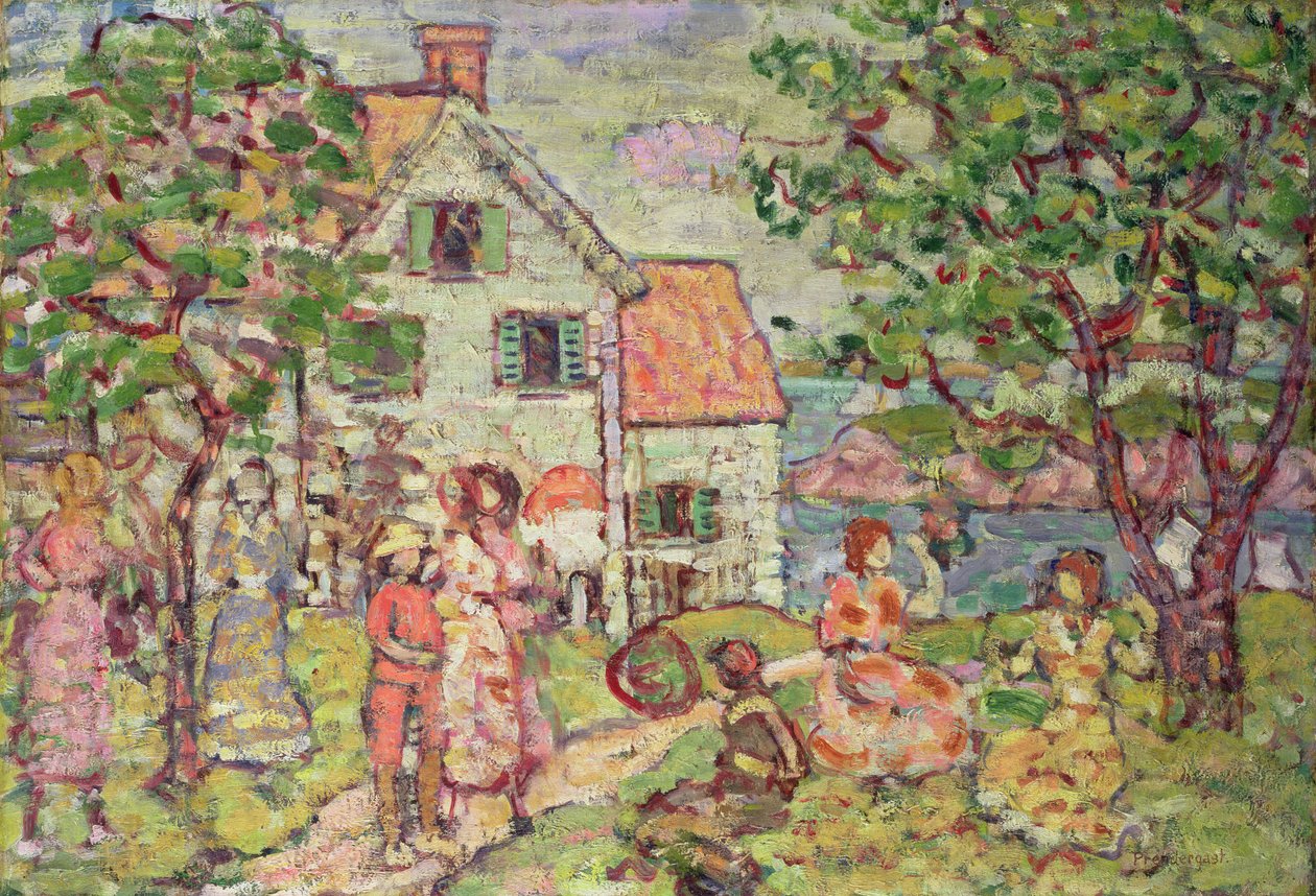 Strand og to huse, 1916-18 af Maurice Brazil Prendergast