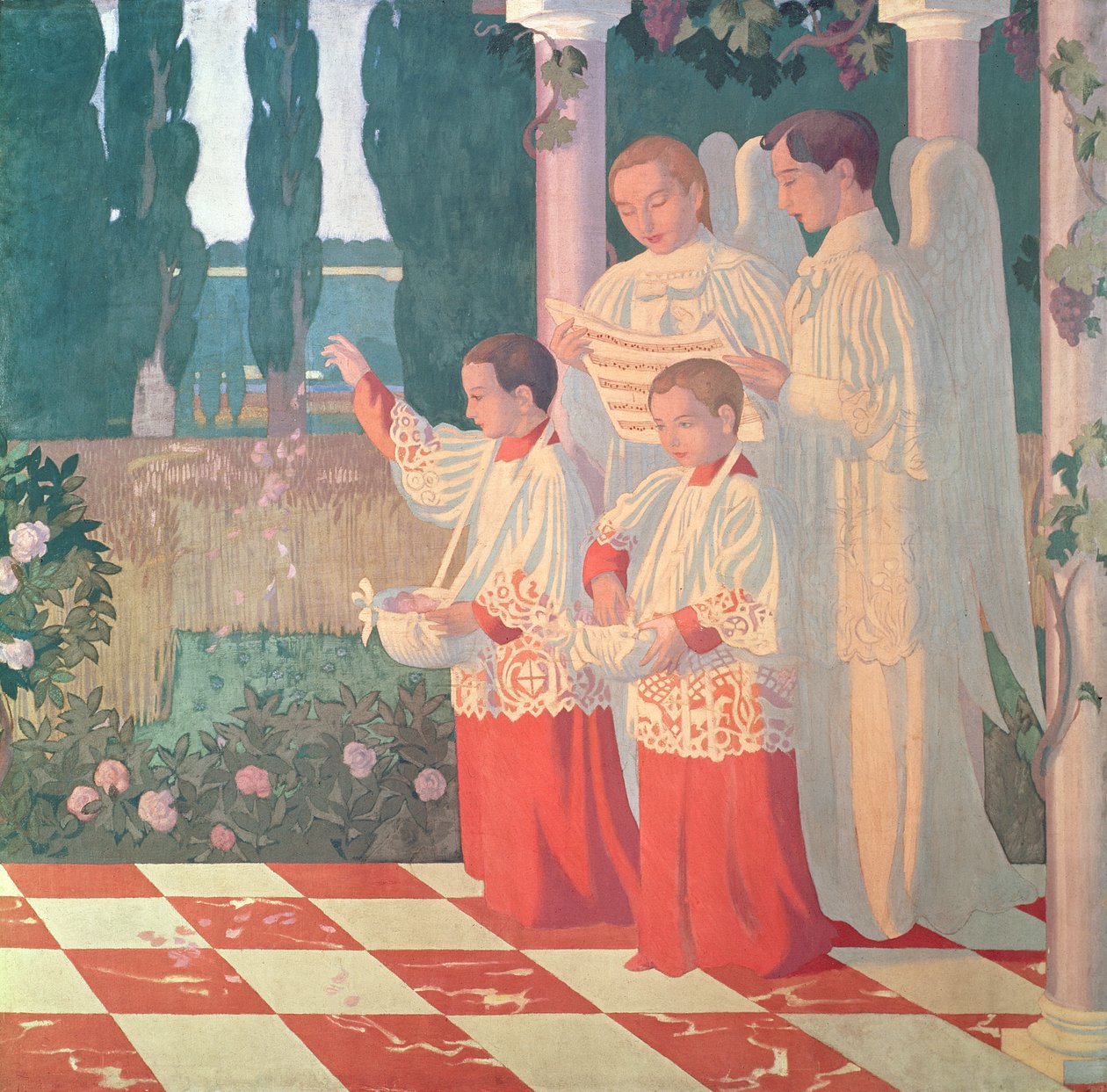 Ophøjelse af det hellige kors og forherligelsen af messen, højre side af midterpanelet på en altertavle fra Chapelle du College Sainte-Croix du Vesinet, 1899 af Maurice Denis