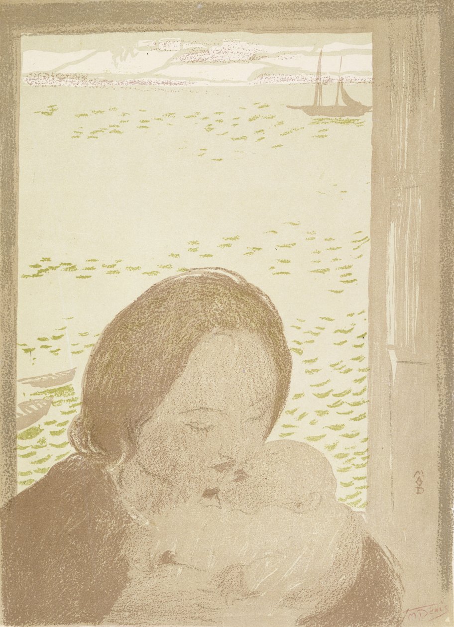 Mor og barn ved havet ved Pouldu, 1900 (farve litho på vævet papir) af Maurice Denis