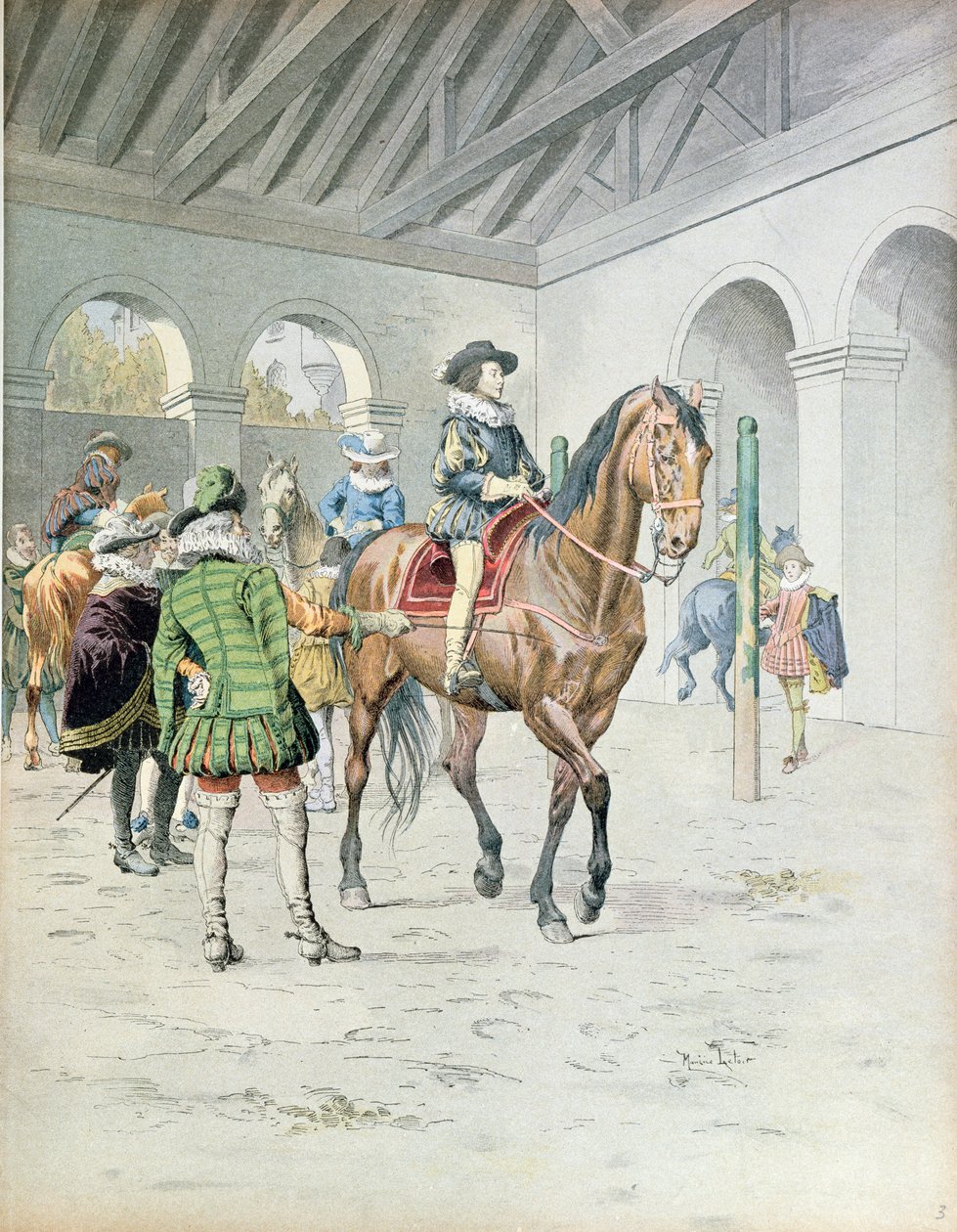 Armand-Jean du Plessis, Kardinal Richelieu (1585-1642), der lærer at ride på en hest, illustration fra et liv af Richelieu af Theodore Camu, 1910 af Maurice Leloir