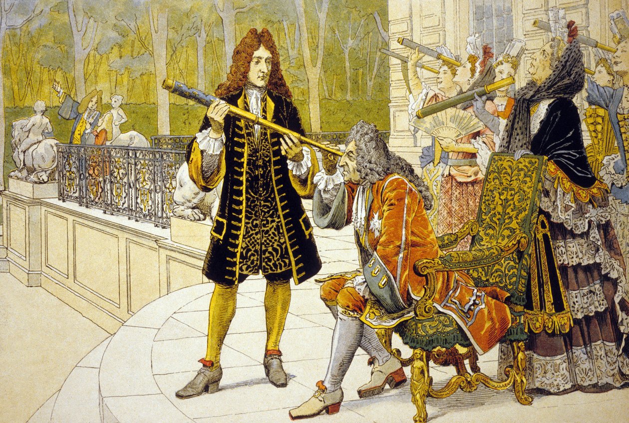 Louis XIV og Jacques Cassini farve litho af Maurice Leloir