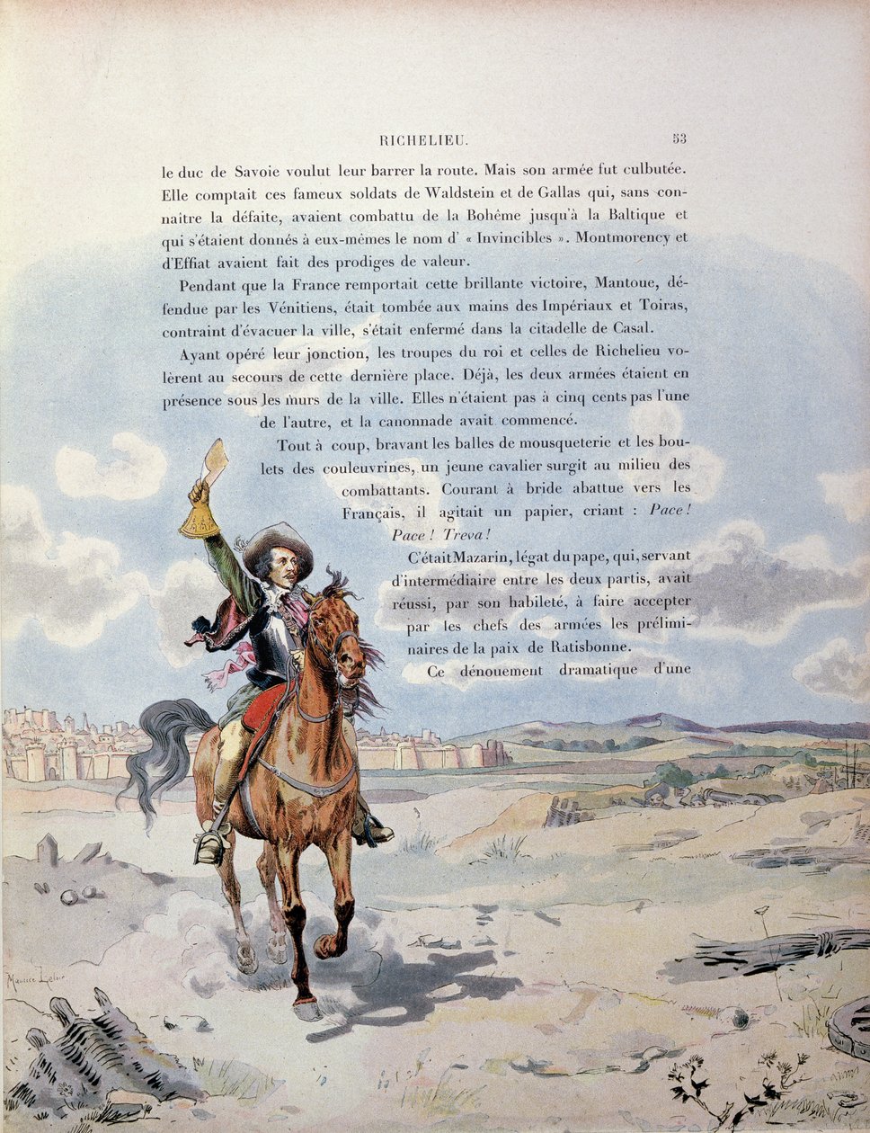 Øjebliks mellem den pavelige legat, Giulio Mazarini (1602-61) mellem de spanske og pavelige tropper, der konfronterede den franske hær ved belejringen af Casal, Norditalien, illustration fra livet af Maurice Leloir