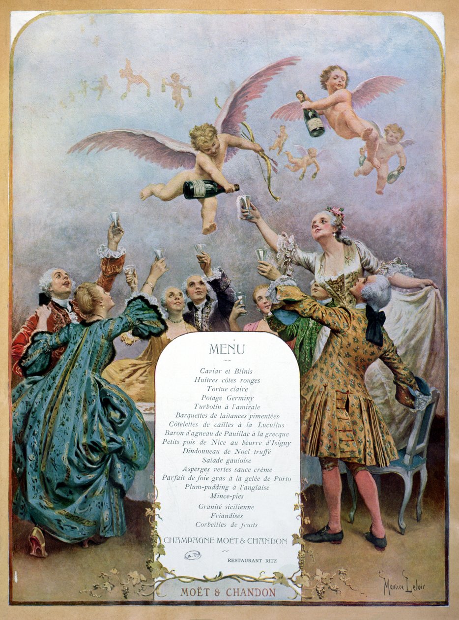 Ritz Restaurant menu, der viser en gruppe elegante mænd og kvinder fra det 18. århundrede, der drikker champagne serveret af keruber, 1910 af Maurice Leloir