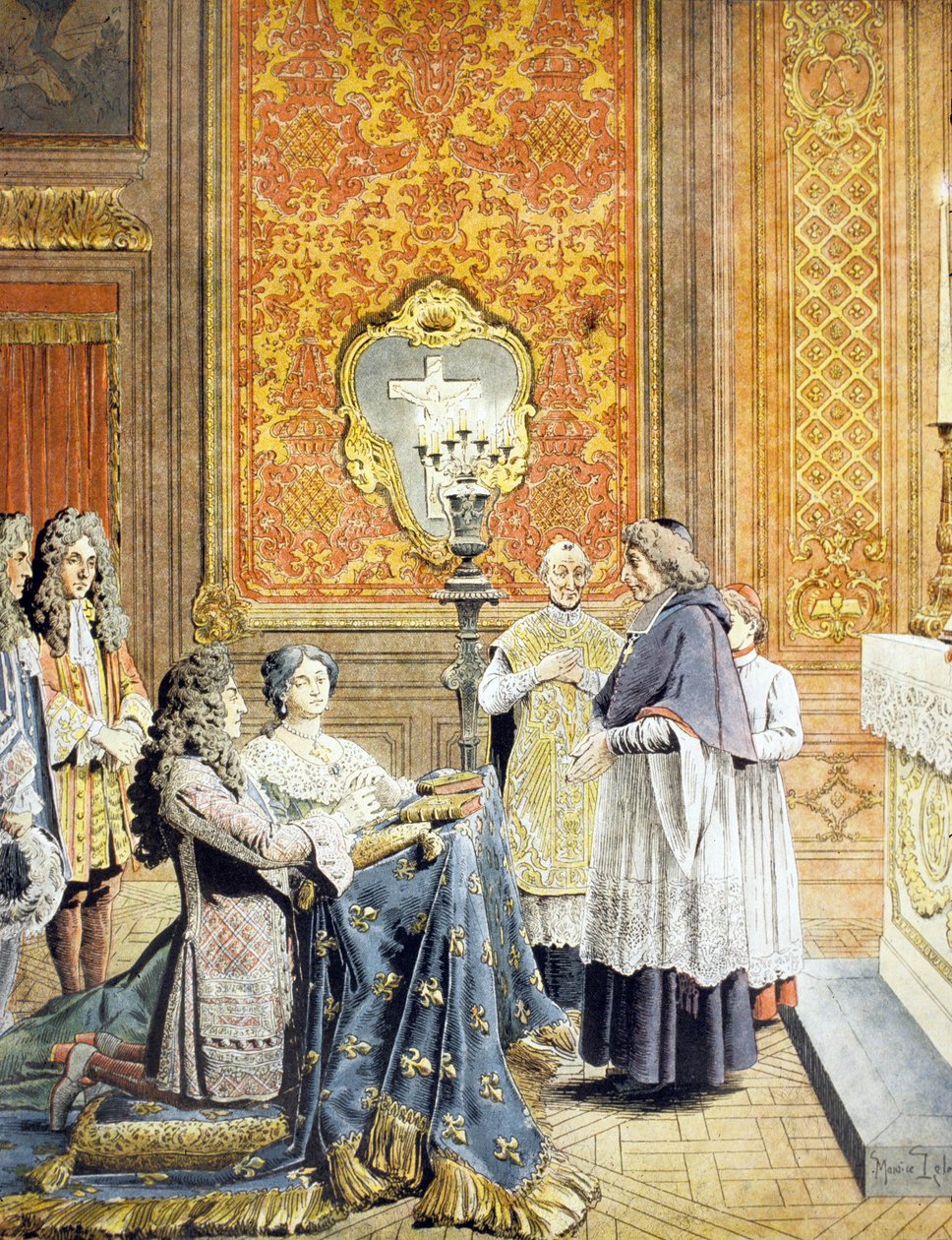 Hemmeligt bryllup mellem kong Louis XIV og Francoise dAubigne, Mme de Maintenon, 9.-10. oktober 1683, af ærkebiskop af Paris Francois Harlay de Champvallon og Pere Lachaise, i nærværelse af Monseigneur af Maurice Leloir
