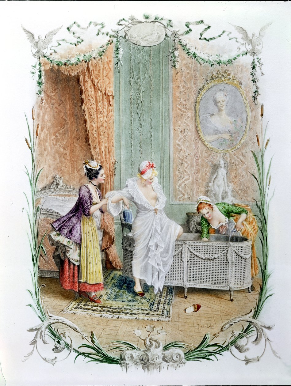 Morgenbadet, illustration af det elegante parisiske liv i anden halvdel af det 18. århundrede, ca. 1890 af Maurice Leloir