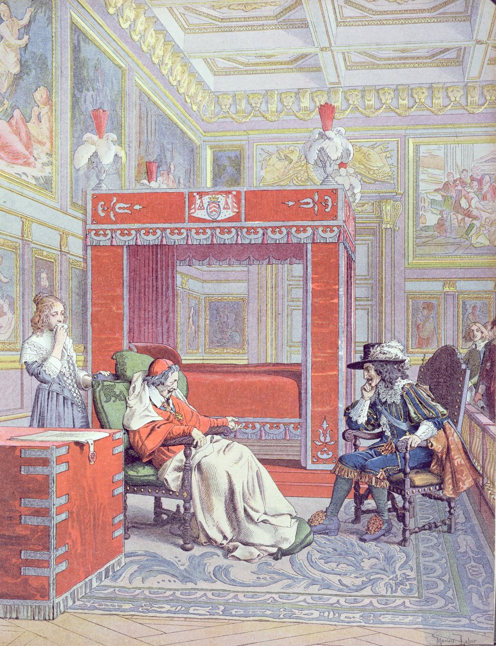 Armand-Jean du Plessis død, kardinal Richelieu (1585-1642), illustration fra Richelieus liv af Theodore Camu, 1910 af Maurice Leloir
