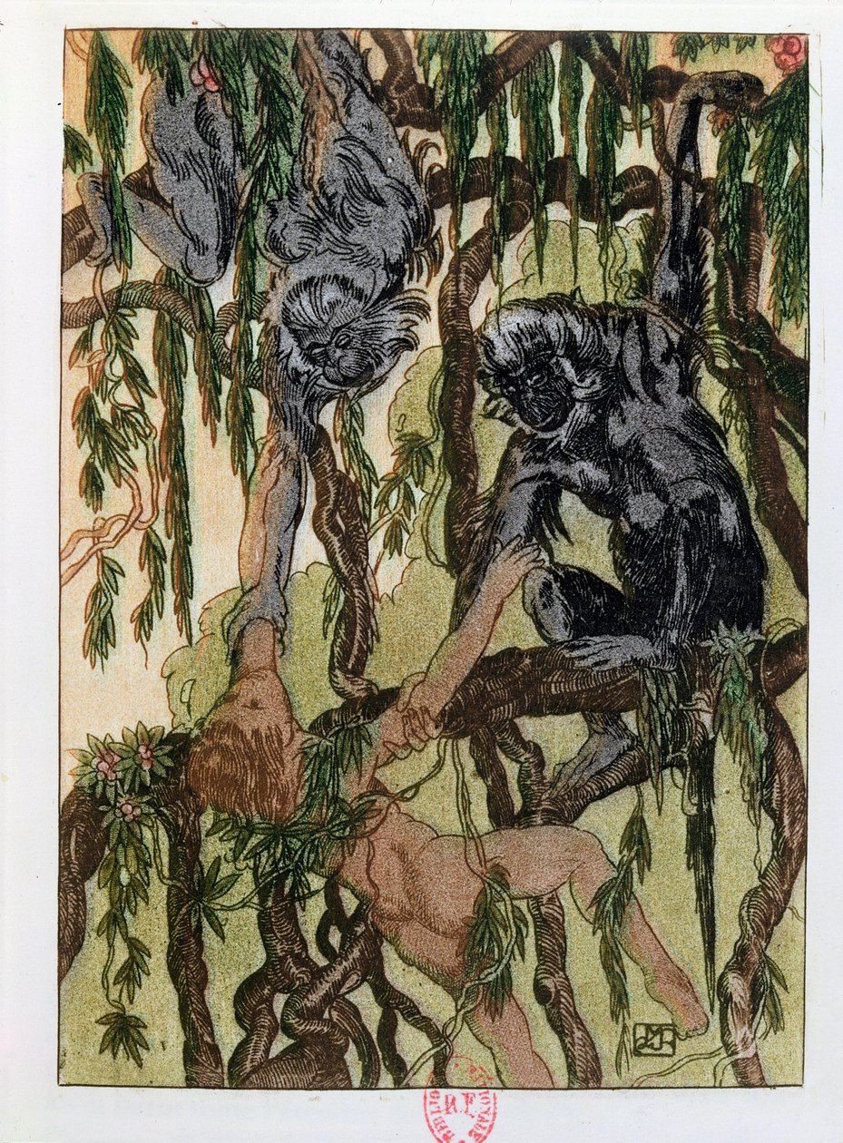 Mowgli and the Monkeys, illustration fra 