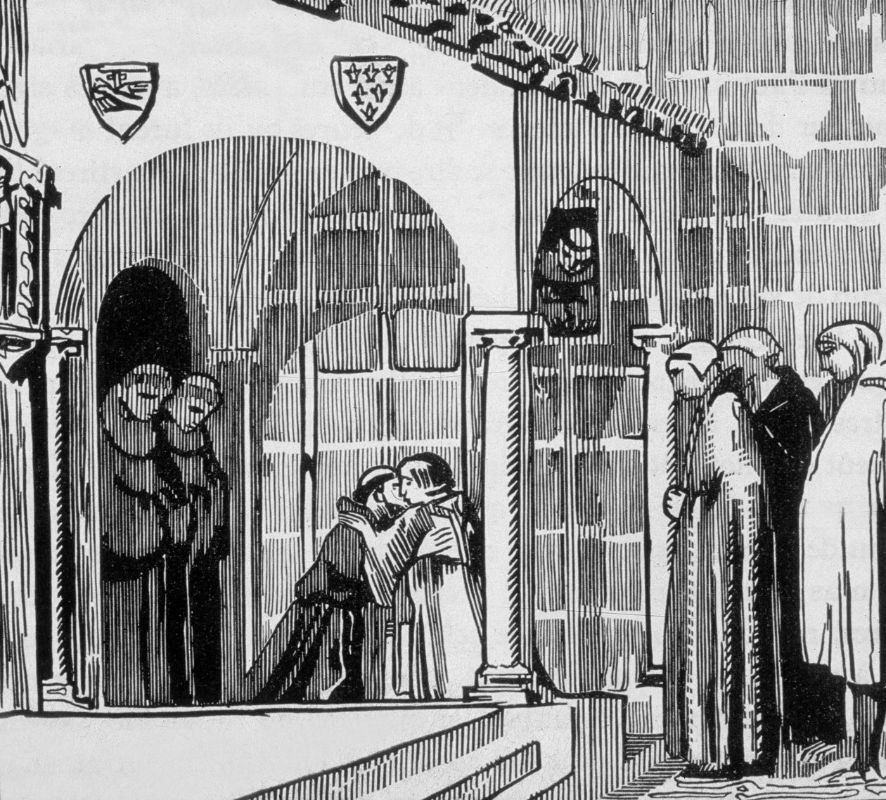 Fransk kong Saint Louis (Louis IX 1214-1270) som pilgrim på besøg i Saint Frere Gilles i Perugia, indgraveret af Jacques Beltrand efter tegning af Maurice Denis af Maurice (after) Denis