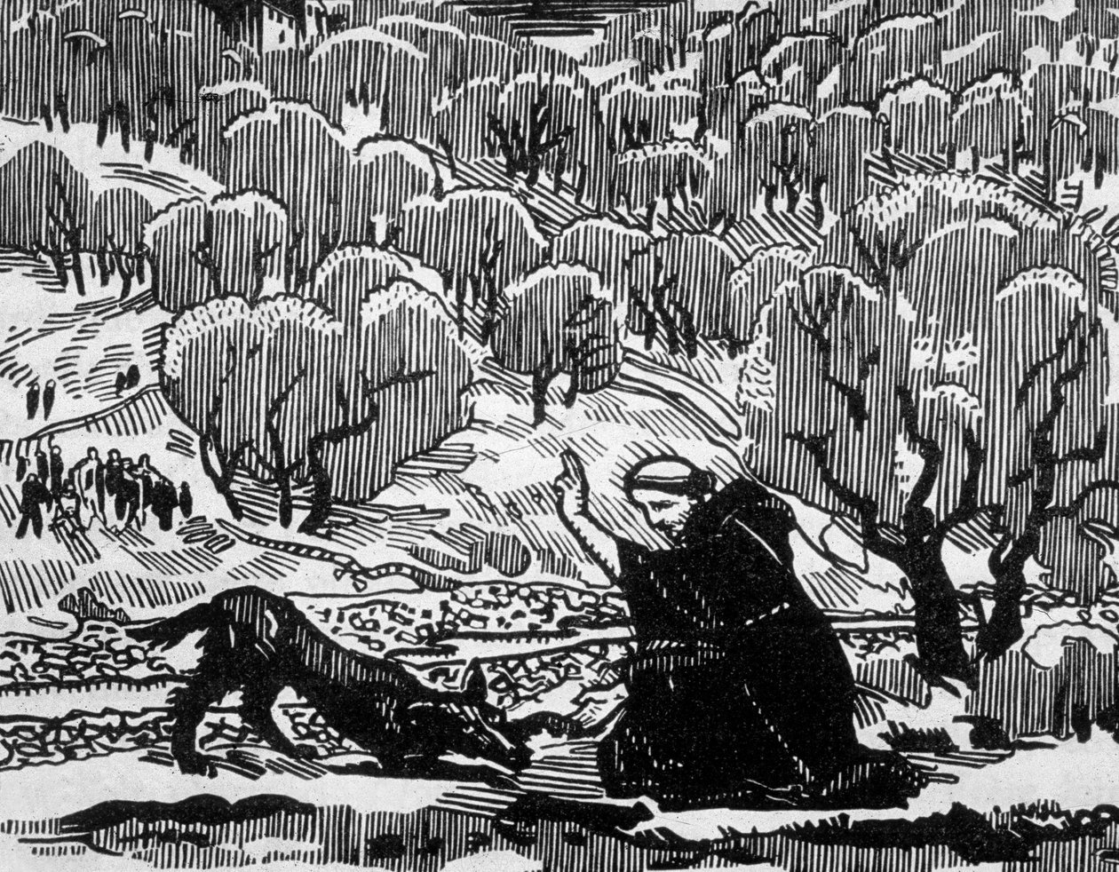 omvendelse af St. Frans af Assisi af Agubbio-ulven, indgraveret af Jacques Beltrand efter tegning af Maurice Denis af Maurice (after) Denis