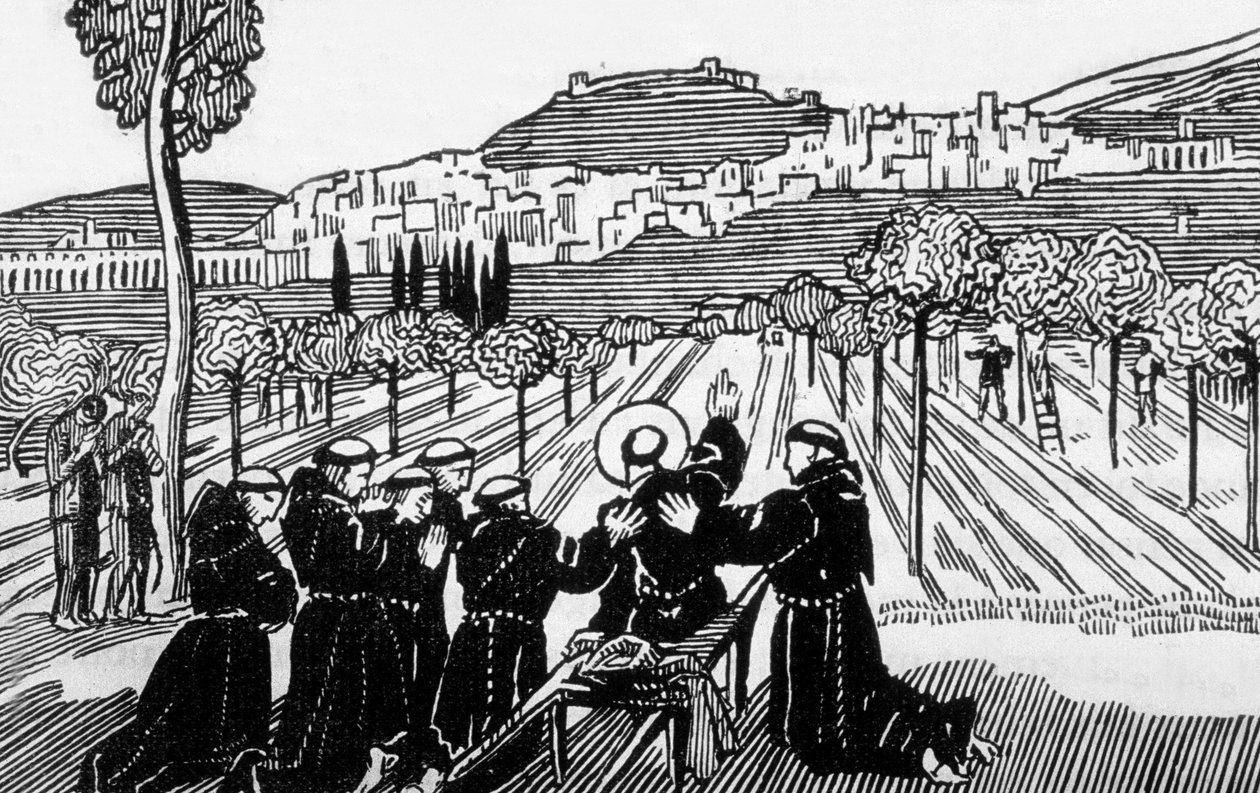 Frans af Assisis død, der velsigner byen Assisi, indgraveret af Jacques Beltrand efter tegning af Maurice Denis af Maurice (after) Denis