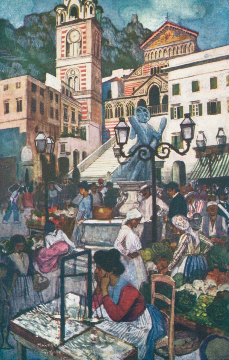 Amalfi, Piazza og Duomo (farvelitografi) af Maurice (after) Greiffenhagen