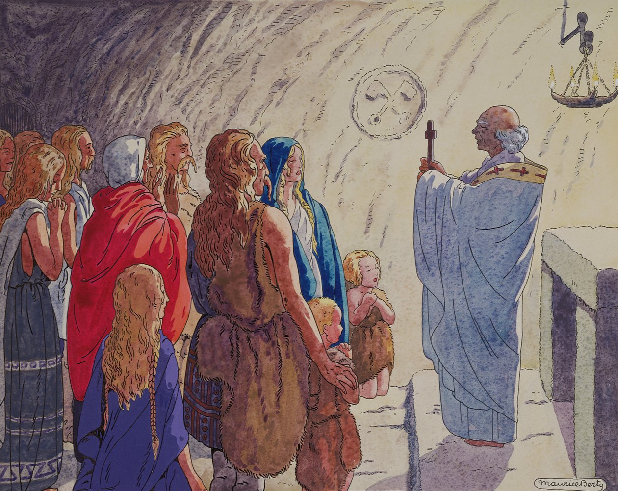 Gallernes religiøse omvendelse, ca. 1920-29 (pen & blæk og akvarel på papir) af Maurice Berty