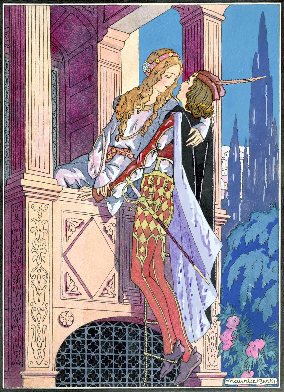 Romeo og Julie i balkonscenen, ca. 1920 (farve litho) af Maurice Berty