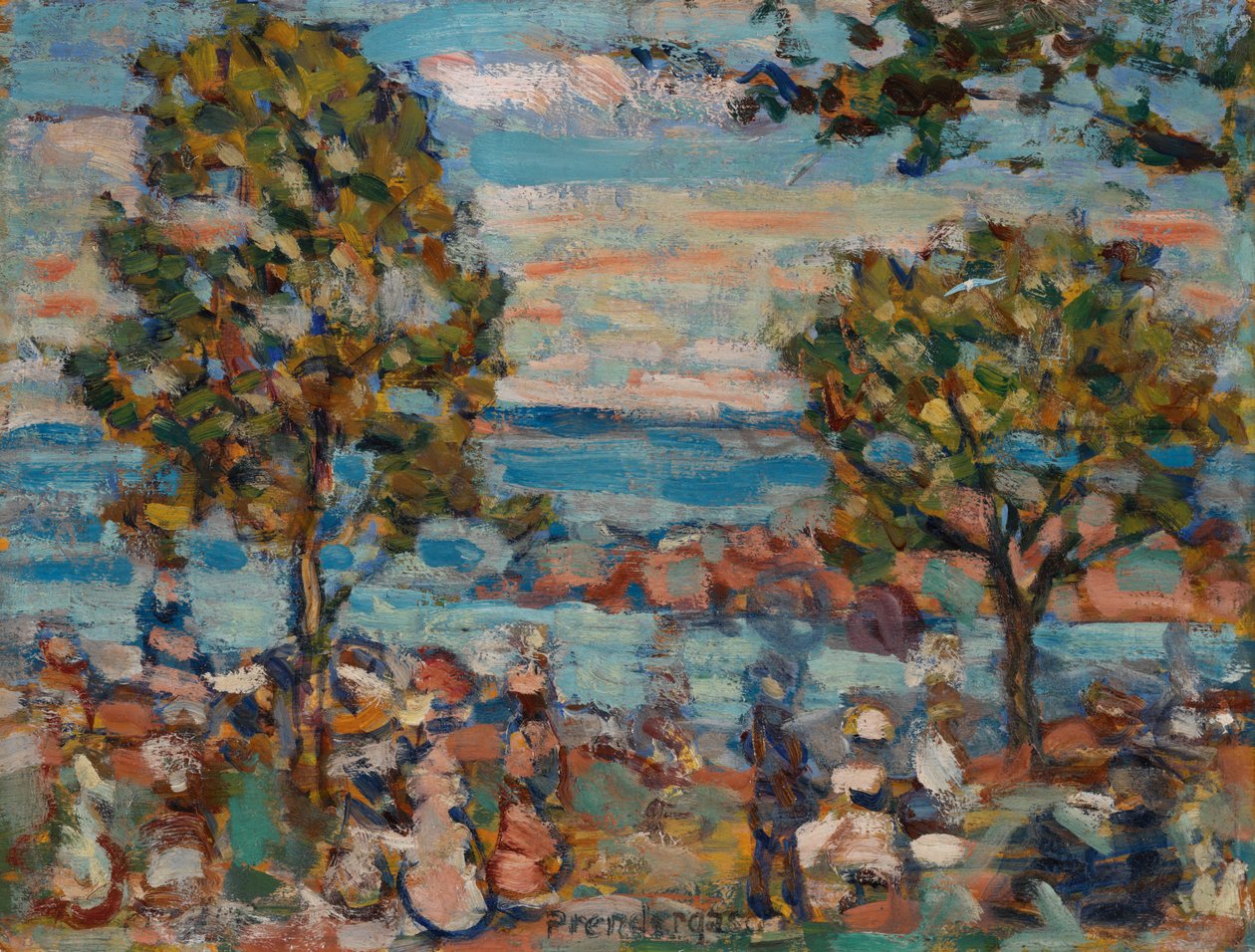 Strandscene med to træer af Maurice Brazil Prendergast