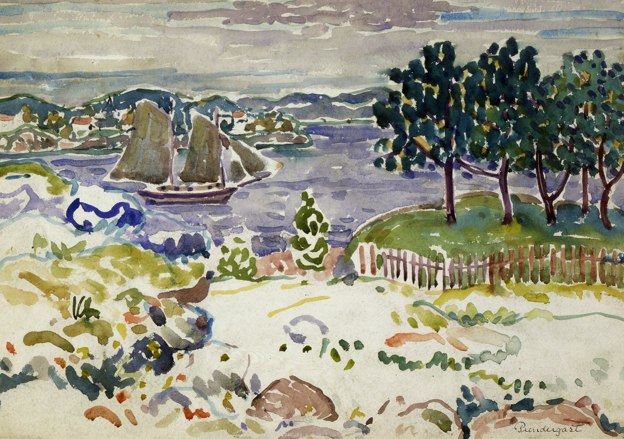 Indløb med sejlbåd, Maine, ca. 1913-1915. af Maurice Brazil Prendergast