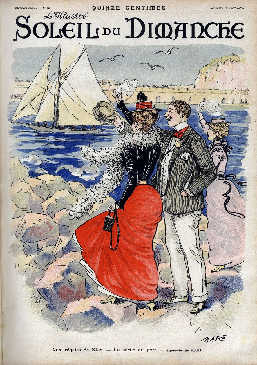 Ved regaten i Nice, udgangen fra havnen. Fra en Mars akvarel. Indgravering i "" Le sun-du-dimanche"", 18. april af Maurice Charles Mathieu Bonvoisin