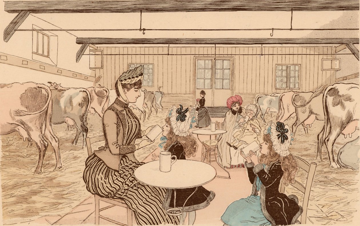 Mødre tager deres børn til mejeri, Paris, Frankrig af Maurice Charles Mathieu (1849 1912) Bonvoisin