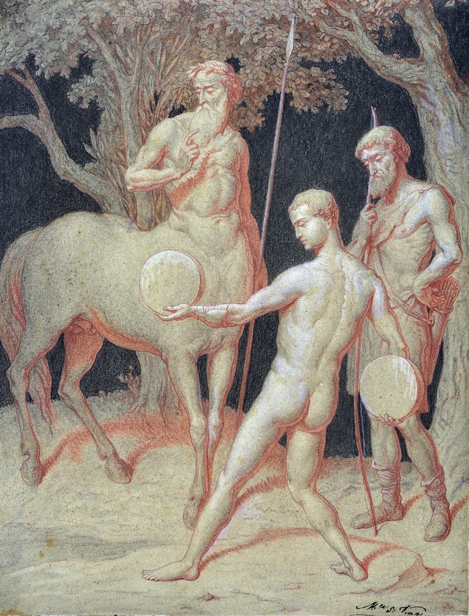 Uddannelse af Hercules af Kentauren Chiron (tegning) af Maurice De Vaines