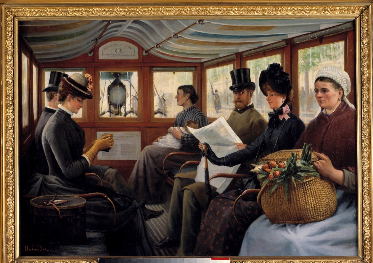 I omnibus passagerer bosætter sig i en omnibus. Maleri af Maurice Delondre (1800-tallet) 1890 søn. 0,66x0,94 m Paris, Musee Carnavalet af Maurice Delondre
