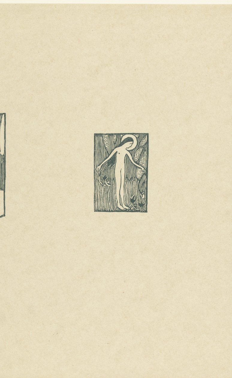 Illustration med en nøgen kvindelig helgen, der står ved et træ nær et digt i en digtsamling af Paul Verlaine Petit bois pour Sagesse L