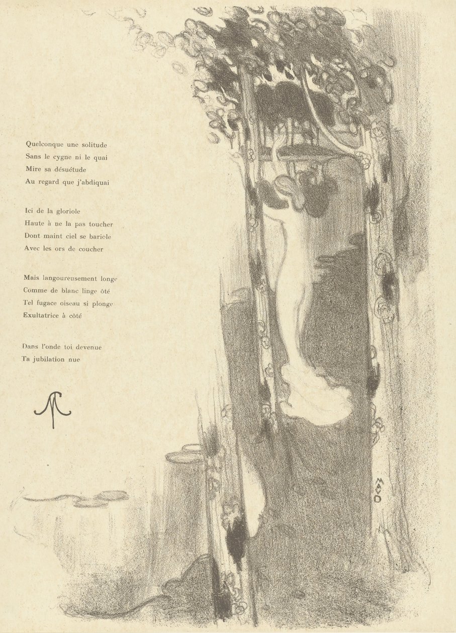 Illustration med en nøgen kvinde stående mellem træer ved en sø med digtet Petit Air af Stéphane Mallarmé Illustration pour le sonnet Petit Air af Stéphane Mallarmé L