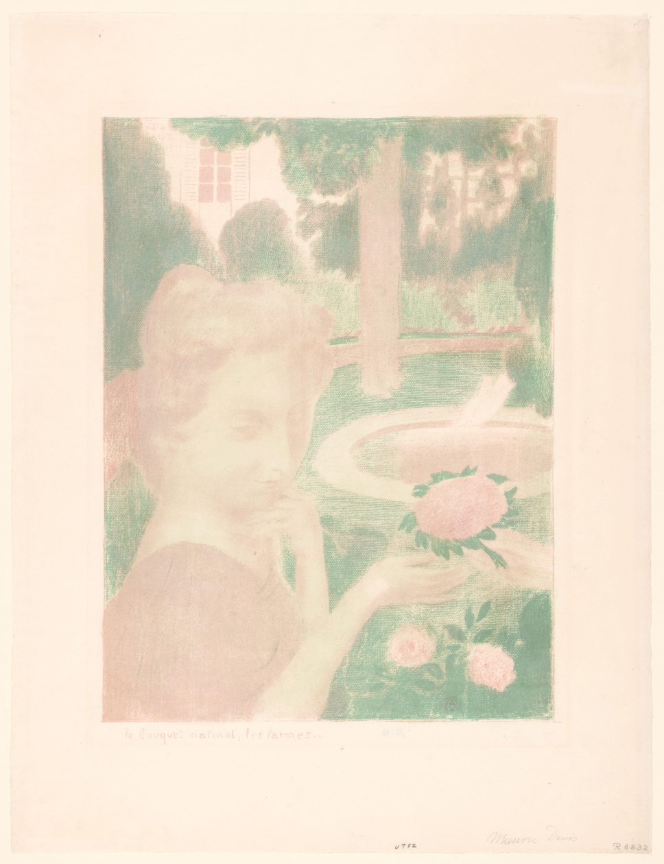 Ung kvinde modtager blomsterbuket i en have Le bouquet matinal, les larmes... (titel på objekt) Repræsentationer af kærlighed (serietitel) Amour (serietitel) af Maurice Denis