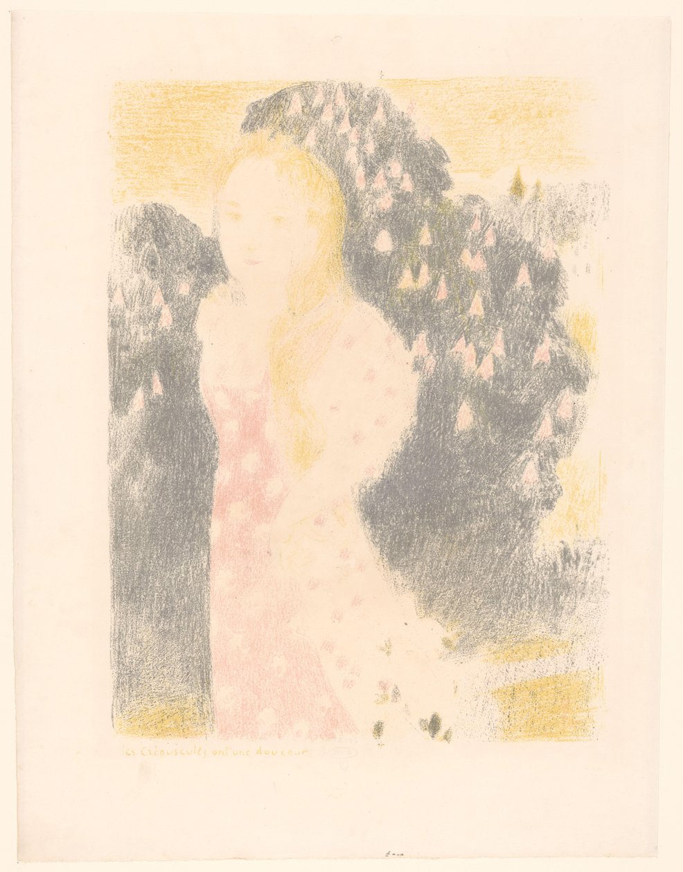 Pige foran en blomstrende busk Les crépuscules ont une douceur (titel på objekt) Repræsentationer af kærlighed (serietitel) Amour (serietitel) af Maurice Denis