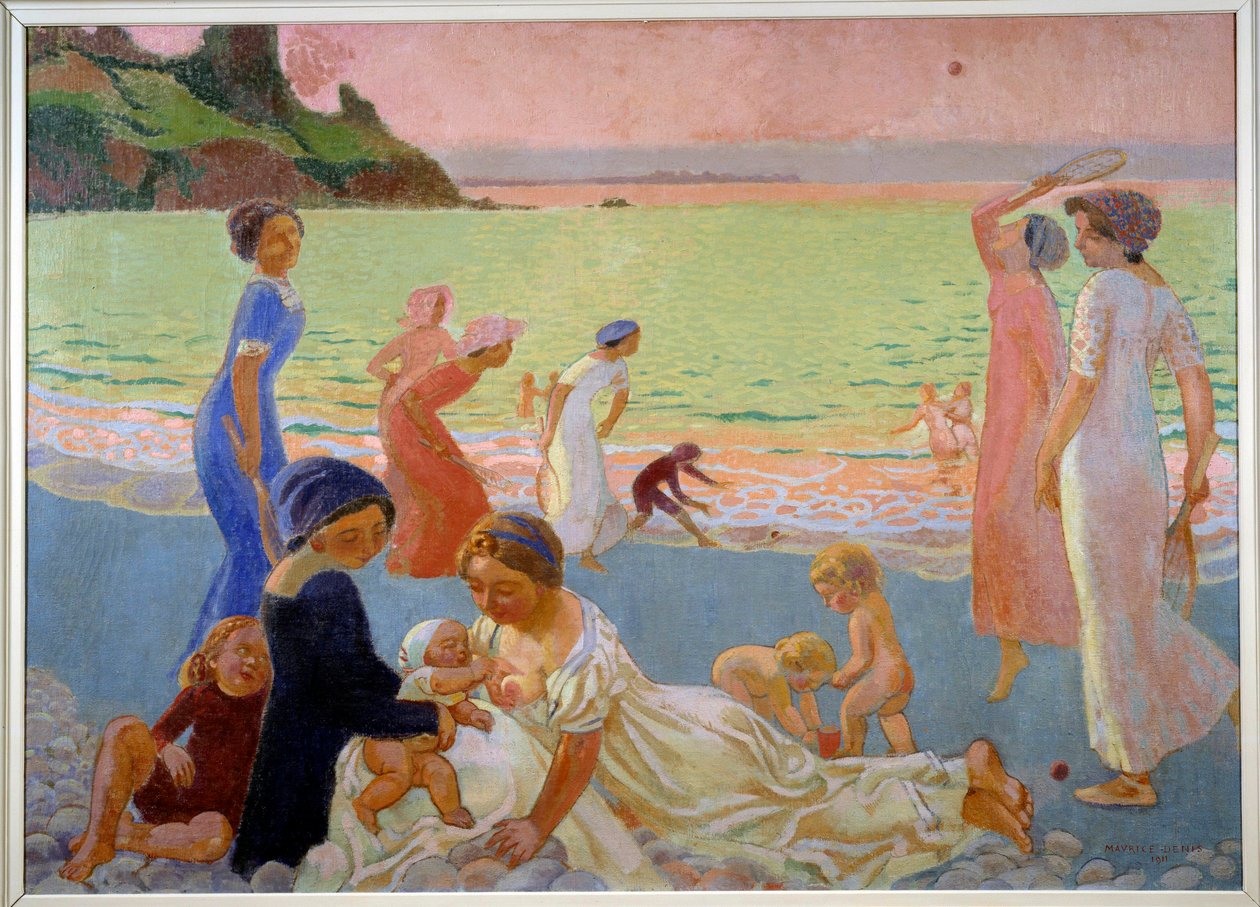 September aften Unge kvinder og børn på stranden sidst på dagen, mor ammer, andre spiller snesko, 1911 (olie på lærred) af Maurice Denis