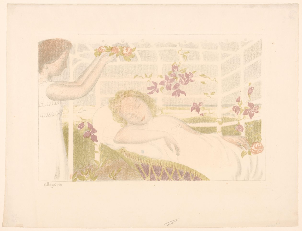 Sovende pige får blomsterkrans Allegori (titel på objekt) Repræsentationer af kærlighed (serietitel) Amour (serietitel) af Maurice Denis