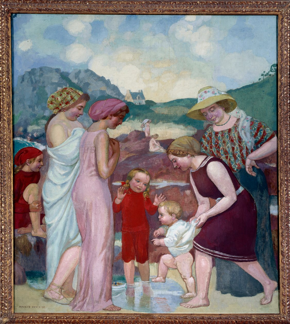 De første skridt. En ung dreng tager sine første skridt foran sin mor og familie af Maurice Denis