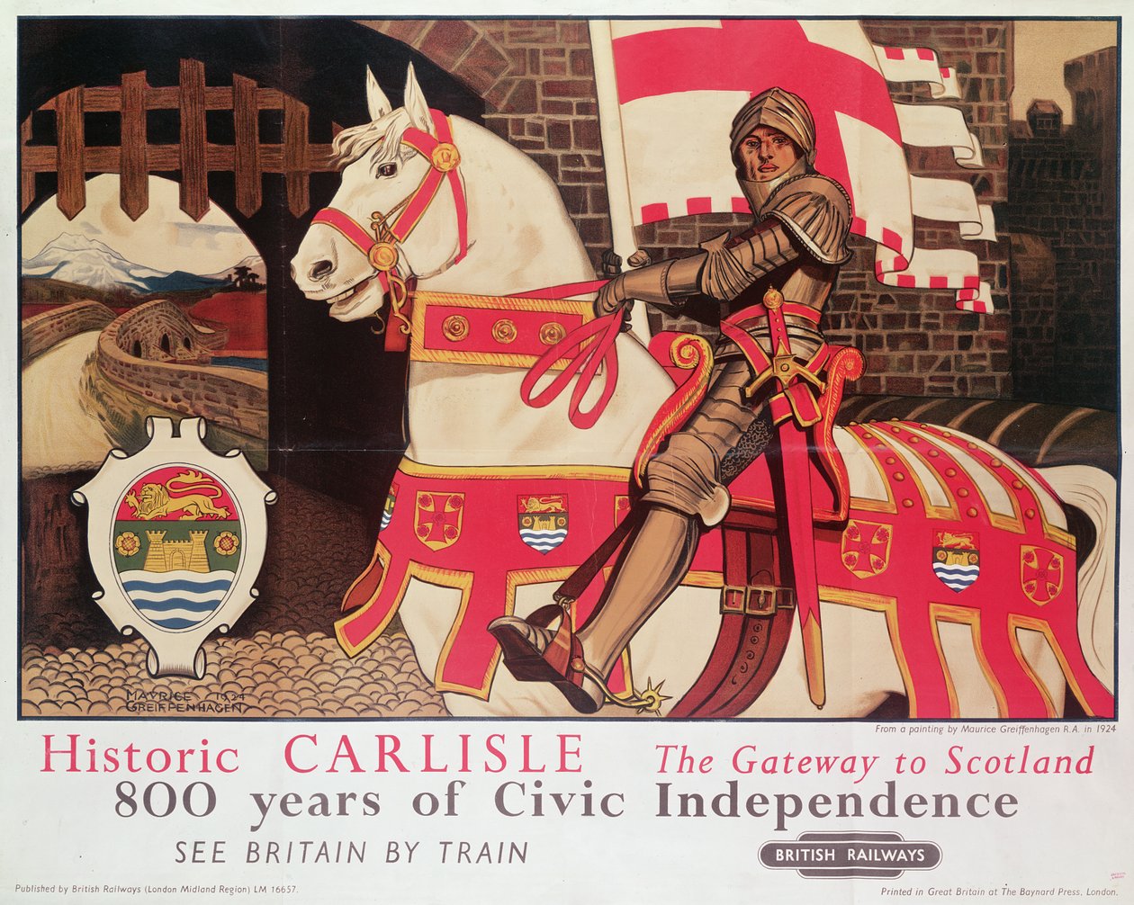 Plakat fra British Rail, der reklamerer for "Historic Carlisle, Gateway to Scotland", 1924 af Maurice Greiffenhagen