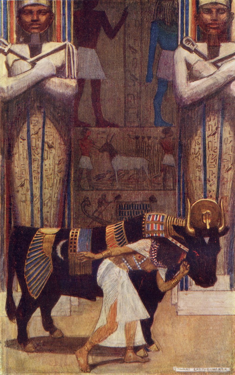 Pigekonen og Bata-tyren fra fortællingen om bonden der blev konge, illustration fra "Egyptian Myth and Legend" af Donald A. Mackenzie, udgivet i 1907 af Maurice Greiffenhagen