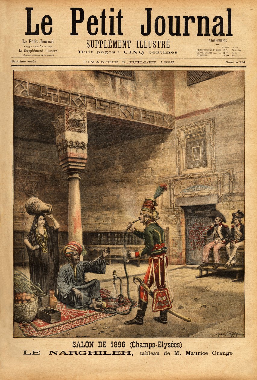 Under det franske felttog i Egypten forhører en soldat en indfødt person om hans vandrør, narghileh (eller narghileh), baseret på et maleri af Maurice Orange, præsenteret på salonen i 1896. Indgravering i "" Le petit journal"" 5/07/1896. Selvas c af Maurice Henri (after) Orange