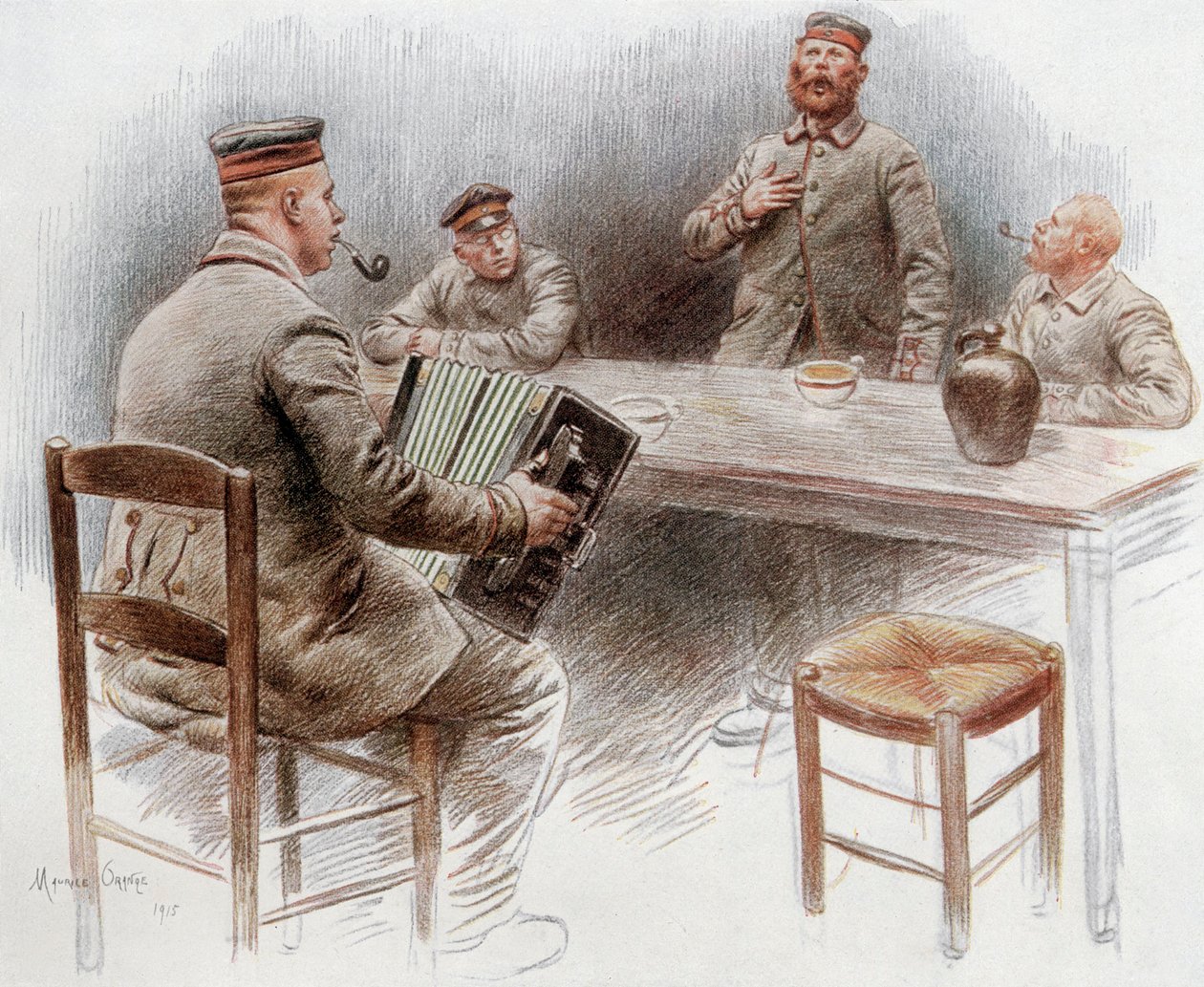 Fanger spiller harmonika og synger i fangelejren i Dinan af Maurice Henri Orange