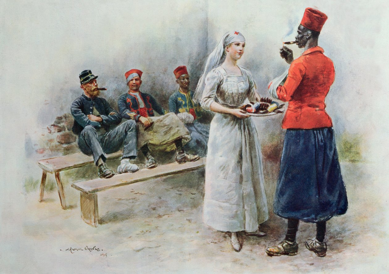 Yndlingssygeplejersken med zouaver og soldater under Første Verdenskrig, 1915 af Maurice Henri Orange