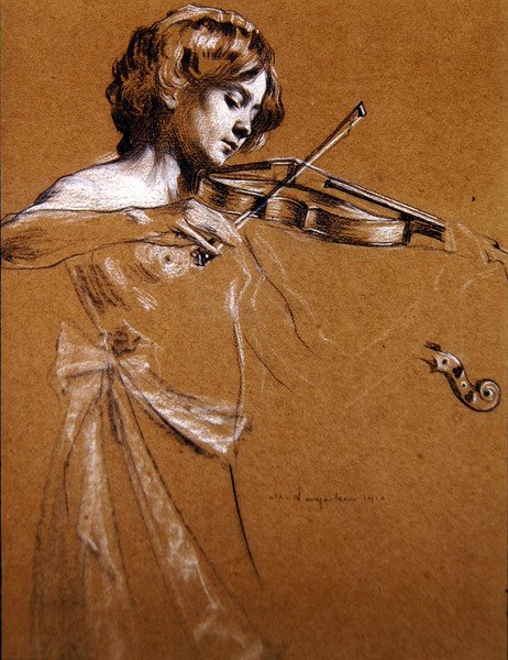 Ung pige, der spiller en violin med blottede bryster af Maurice Langaskens
