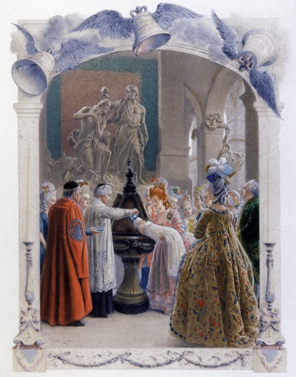 1700-tallets adelige dåbsscene, ca. 1900 (illustration) af Maurice Leloir